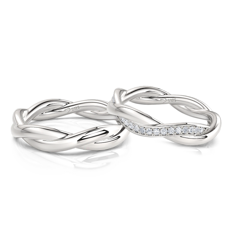 Jeulia Simple Custom Couple Ring Set with  Twist Design Sterling Silver