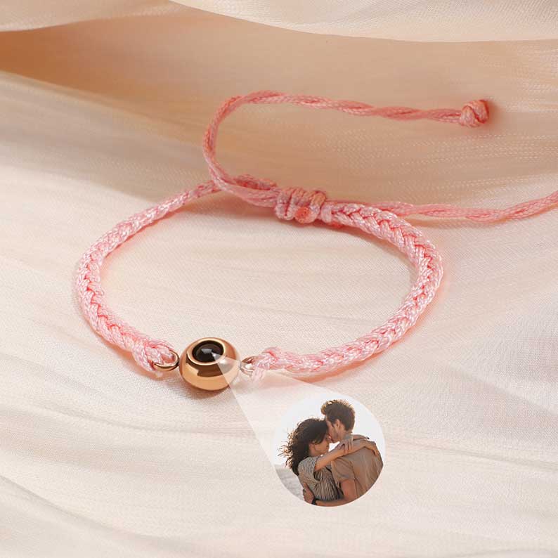 Bracelet Projecteur Photo Cercle Personnalisé pour Femmes et Hommes Argenté avec Corde Rose