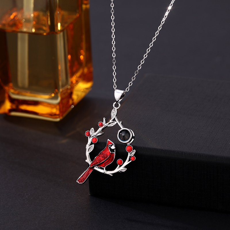 Personalized Picture Projection Necklace with Cardinal Bird in Droplets  "We Are Always with You"