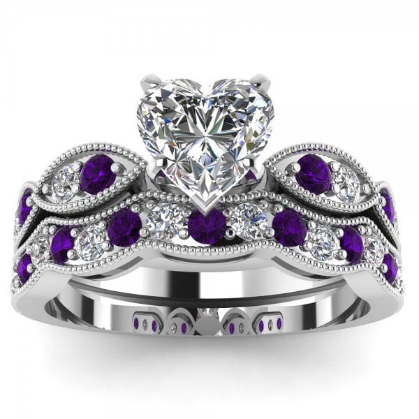 Amethyst Milgrain Heart Cut Bridal Sets in Sterling Silver
