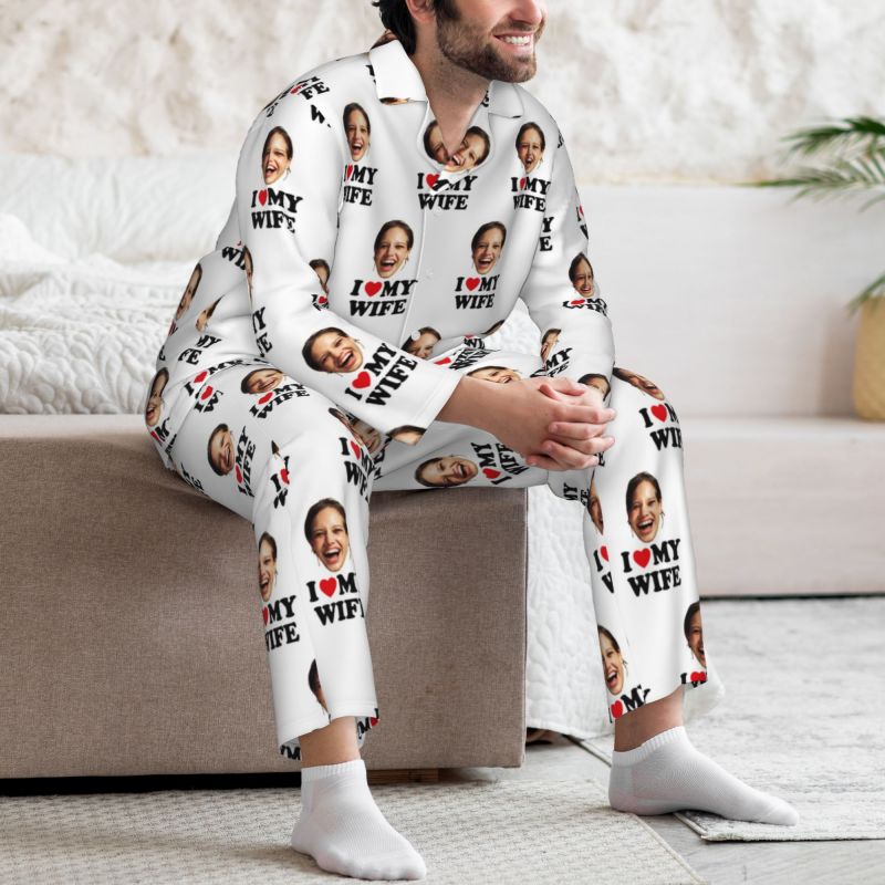 Personalized Pajamas Custom Photo I Love My Wife Attractive Anniversary Gift for Husband Wife