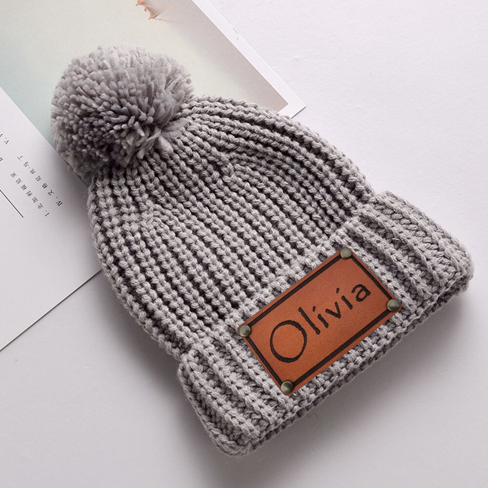 Personalized Leather Patch Beanies with Name Kid Knitted Hat Baby Shower Gifts
