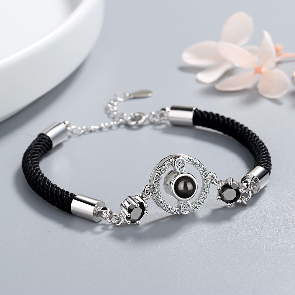 Personalized Round Photo Projection Braided Bracelet with Diamonds