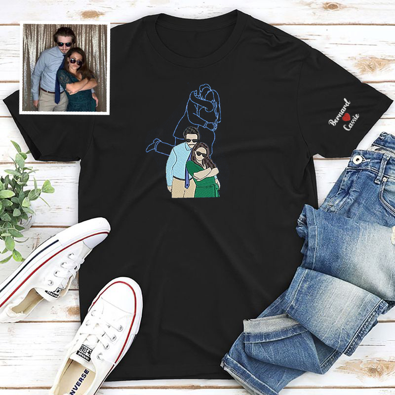 Personalized T-shirt Embroidered Custom Couple Photos Color and Outline Design Perfect Gift for Lovers