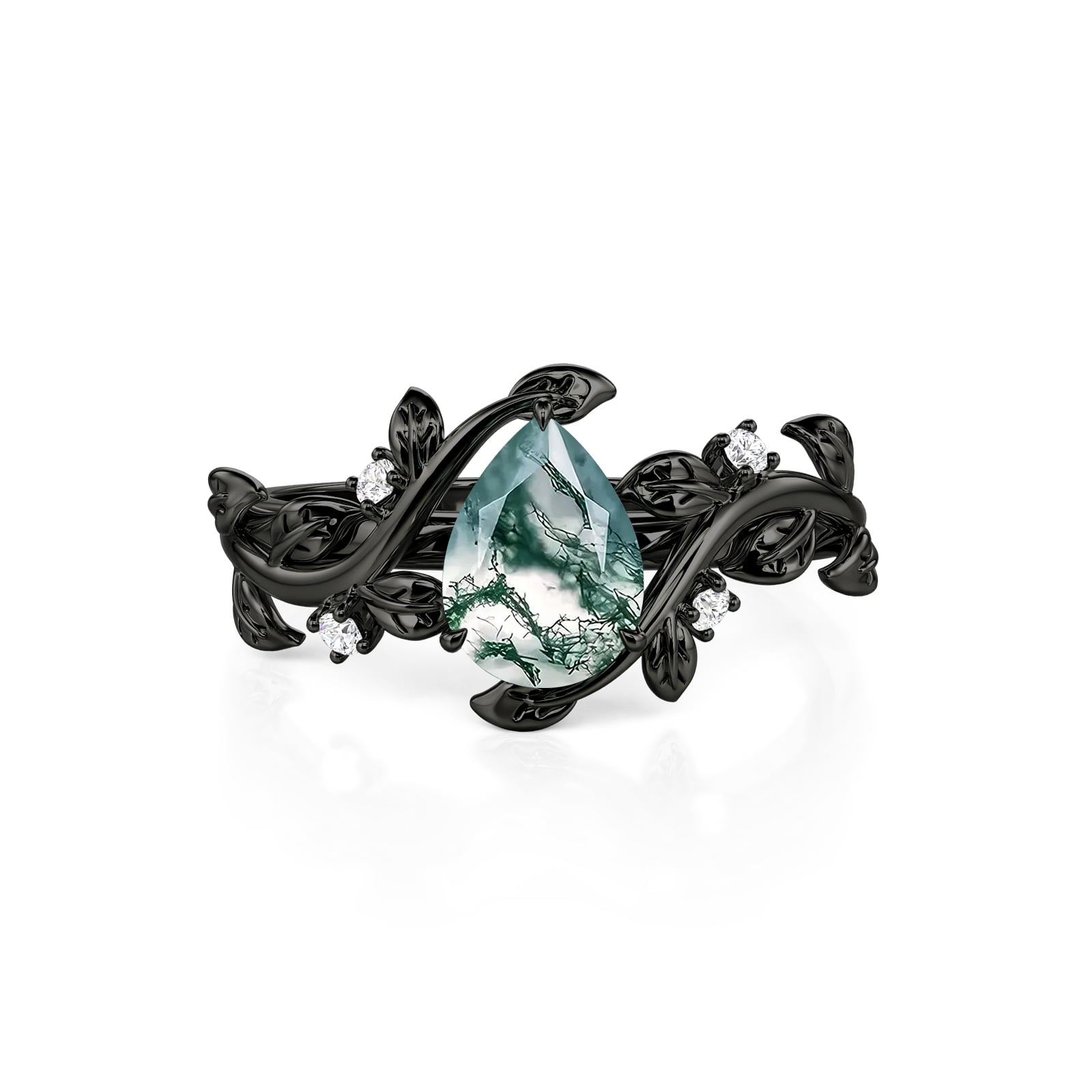 Jeulia Gothic Black Pear Shaped Moss Agate Engagement Ring