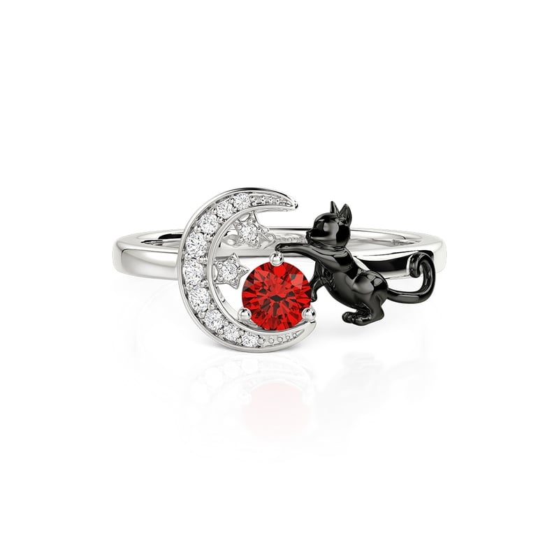 Jeulia Custom Black Cat Moon and Star Ring With Birthstone