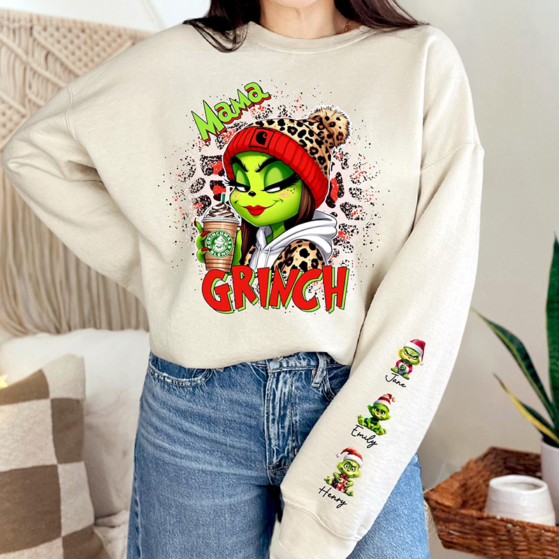 Personalisiertes Sweatshirt Grinch Mama mit individuellem Kinder Namensmuster Attraktives Weihnachtsgeschenk für liebe Mama