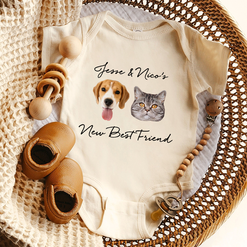 Mono de bebé personalizado con fotos de cabeza de mascota personalizadas, nuevo mejor amigo, regalo atractivo para baby shower para amantes de las mascotas