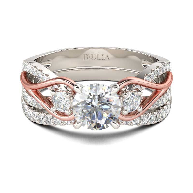 Three Stone Two Tone Round Cut Sterling Silver Ring Set