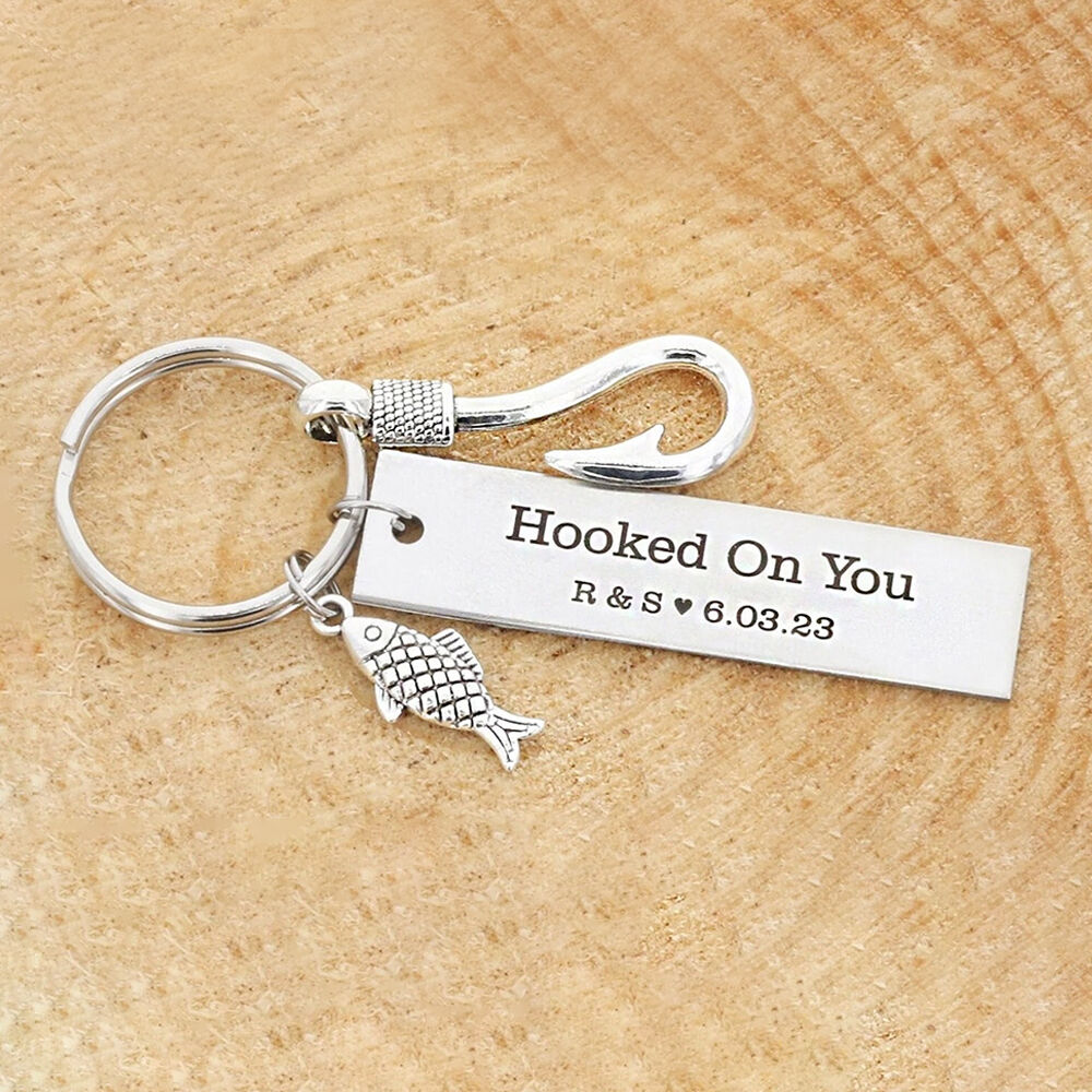 Personalized Fish Hook Keychain Funny Couple Initial Fisherman Keychain Fishing Gift for Husband