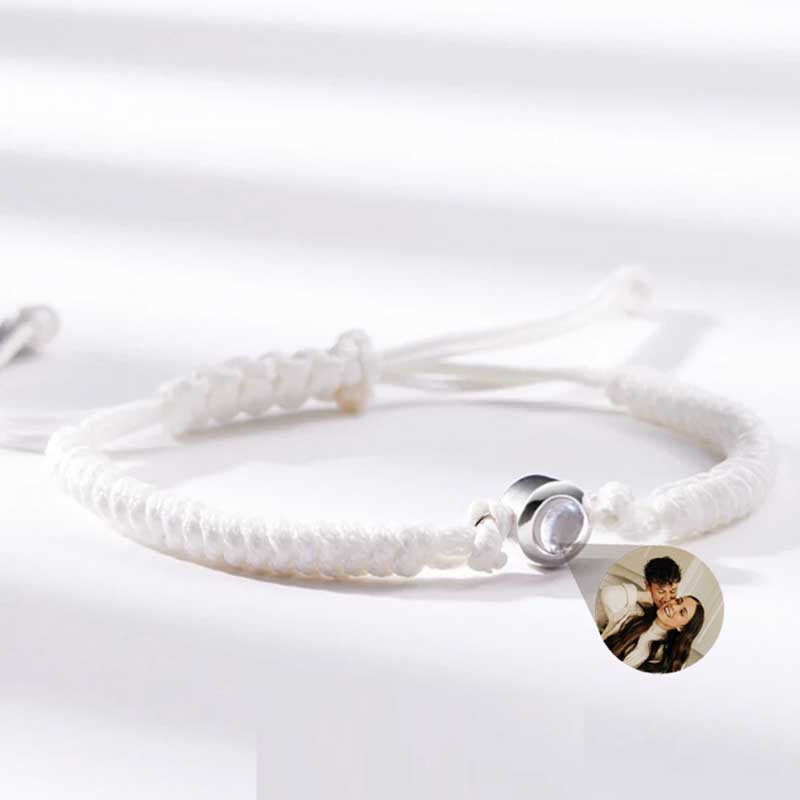 Bracciale con Proiezione di Foto Dentro Corda Bianca e Perlina Argento Sterling