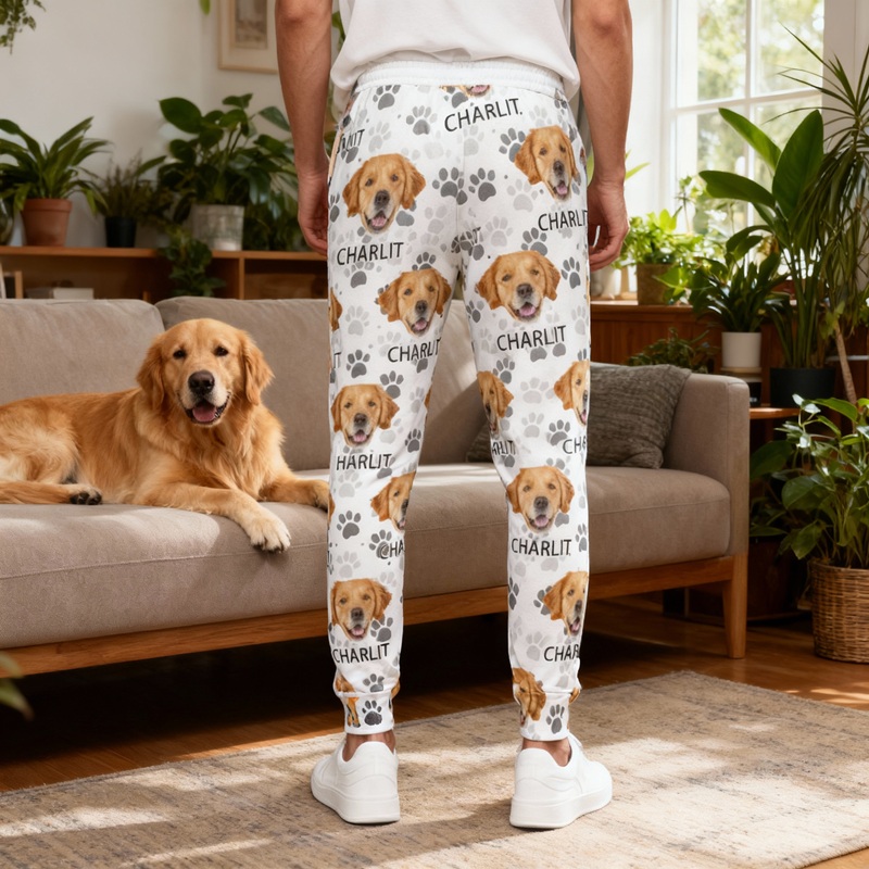 Pantalón deportivo unisex personalizado con diseño de huellas de mascotas y foto de mascota. Regalo ideal para amantes de los animales.
