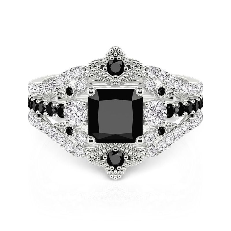 Jeulia Crown Three Stone Black Princess Cut Bridal Set
