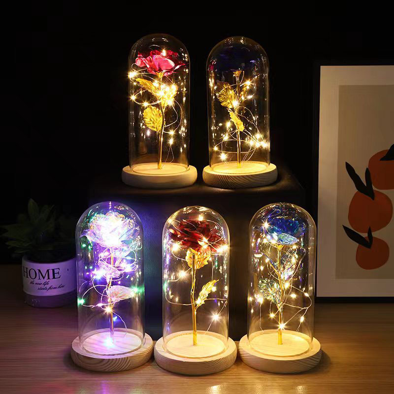 Galaxy Rose Glass Lampshade Eternal Flower Log Base Rose Flower Night Light Gift
