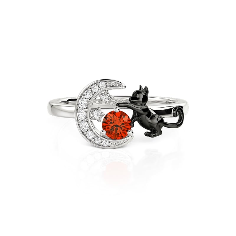 Jeulia Custom Black Cat Moon and Star Ring With Birthstone