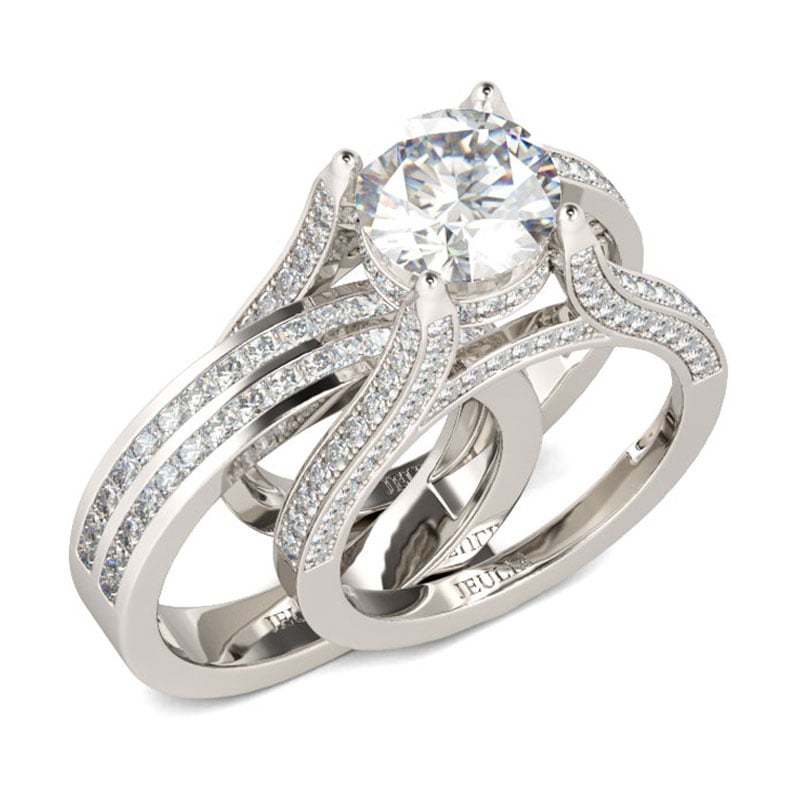 Sparkling Round Cut Ring Set in Sterling Silver with Two Rows of Princess-Cut Stones