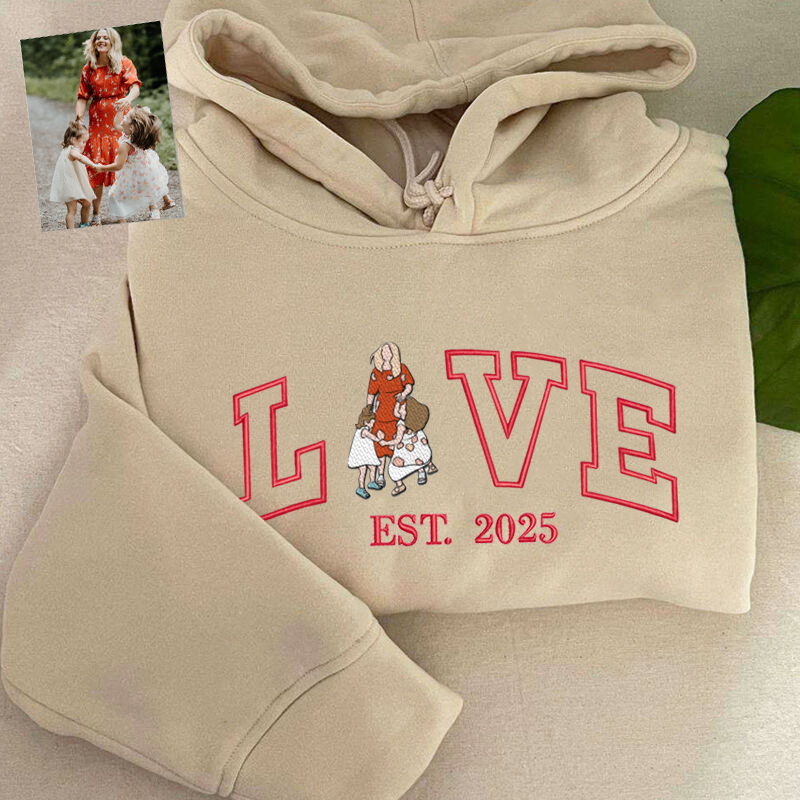 Personalized Hoodie Embroidered Mom and Kids Photo Love Pattern Design Great Gift for Mother's Day