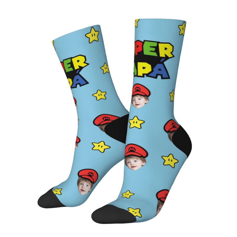 "SUPER PAPA" Funny Face Socks Can Be Added with Baby Photos