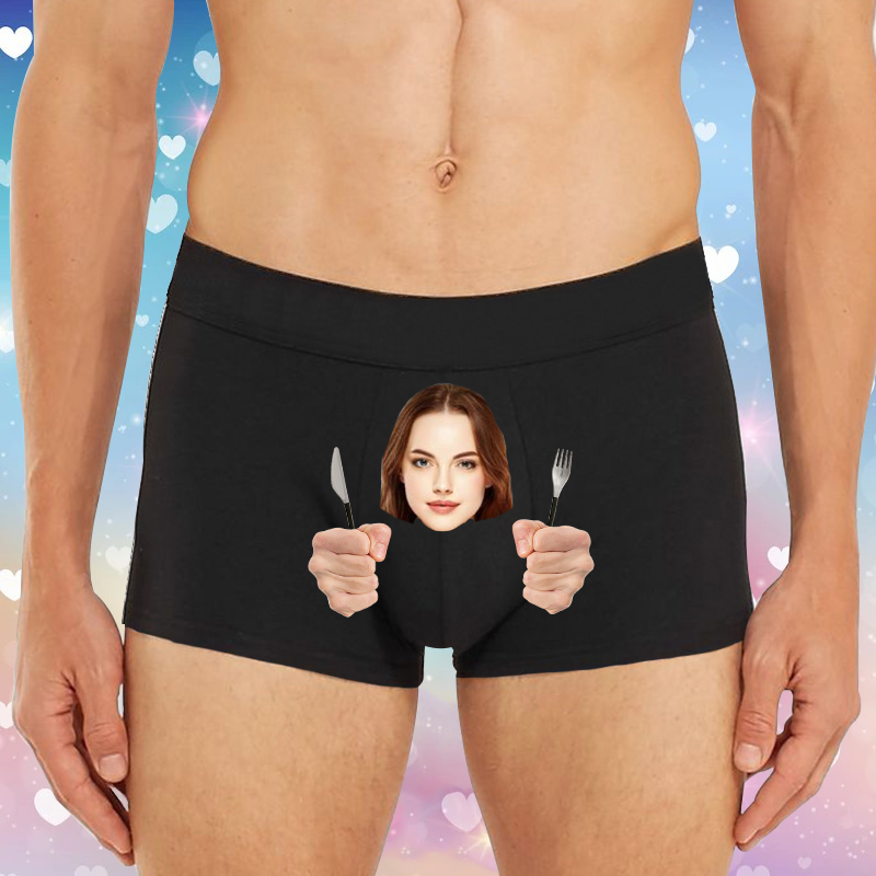 Personalized Picture Men's Underwear Boxer Briefs with Knife and Fork Pattern Funny Present for Boyfriend