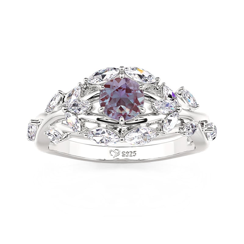Jeulia Flower&Leaf Alexandrite Ring Round Cut Sterling Silver