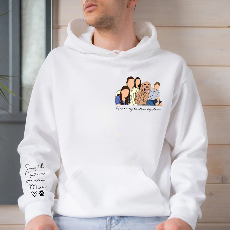 Personalized Hoodie Family Portrait with Custom Names On The Sleeve Perfect Gift for Family