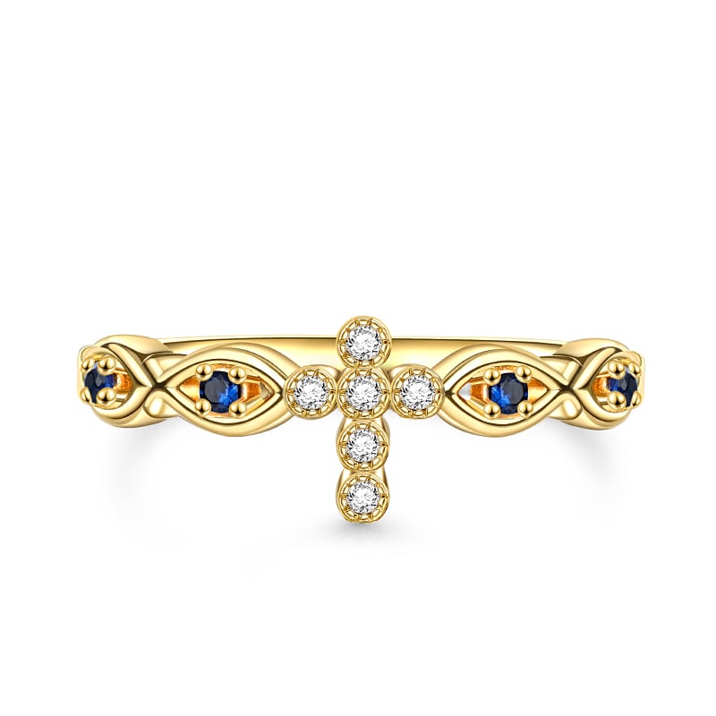 Jeulia Golden Fish & Cross Design Sterling Silver Ring