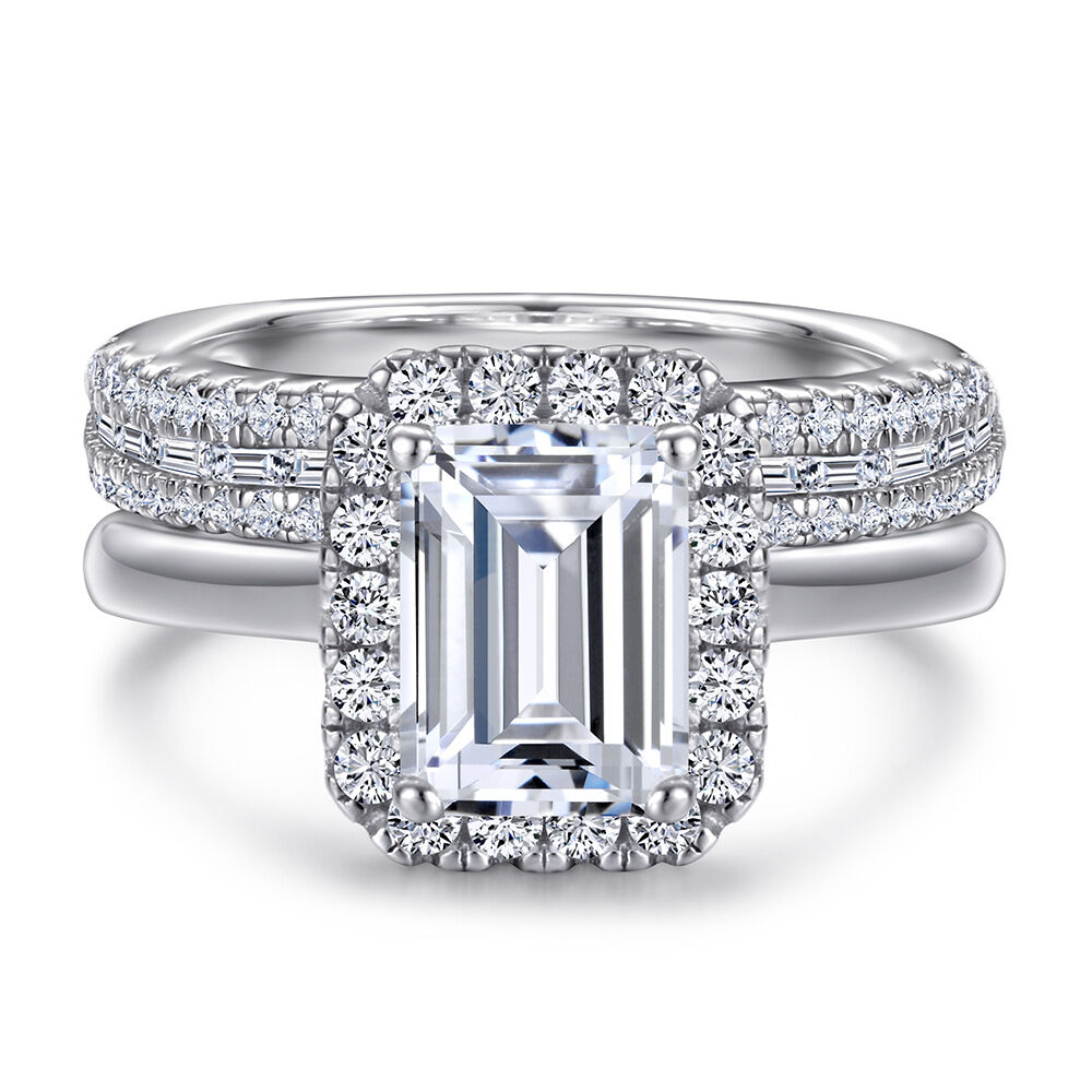 Jeulia 2PC Emerald Cut Sterling Silver Ring Set