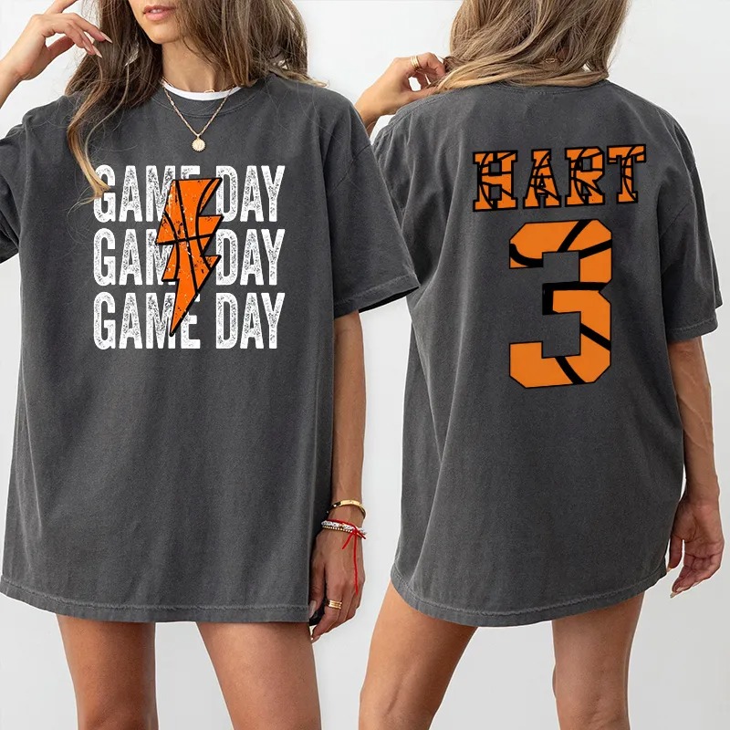 Personalized Washed T-shirt Game Day Custom Basketball Elements Font Design Gift for Sports Lovers