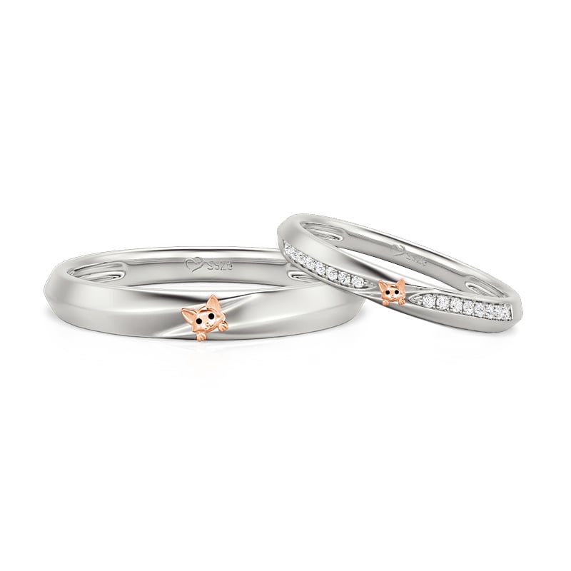 Jeulia Two Tone Crossover Peekaboo Cat Couple Ring Set