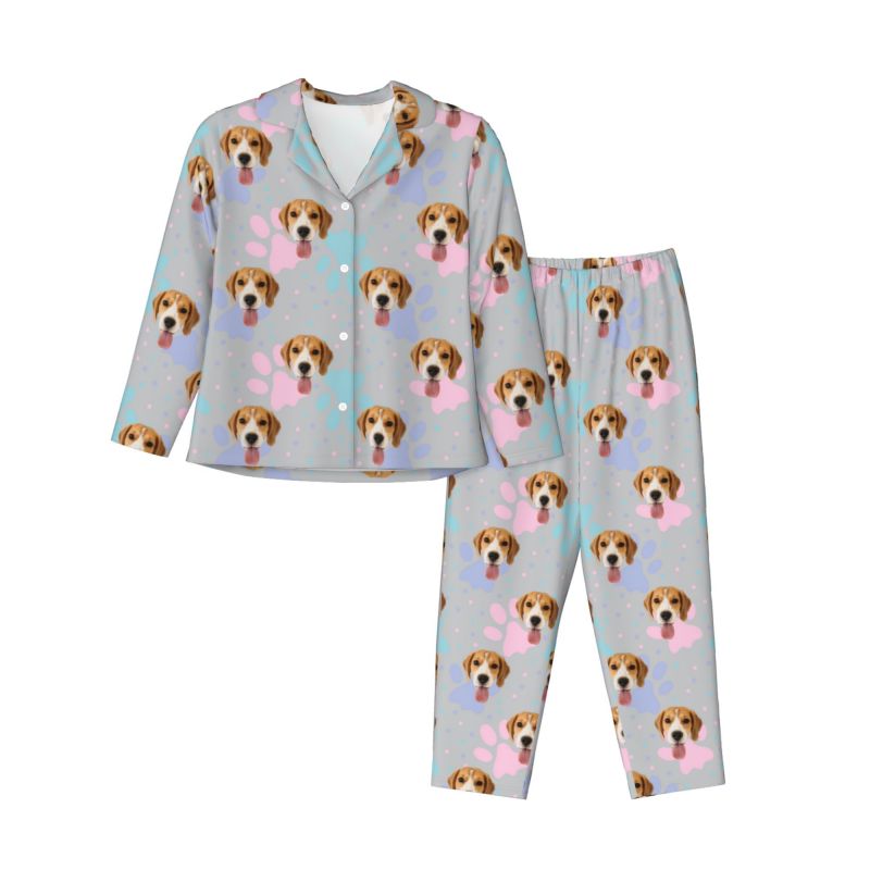 Pijama personalizado con foto de mascota personalizada, diseño de huellas de patas de colores y puntos, regalo creativo para amantes de las mascotas