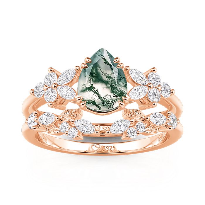 Jeulia Rose Gold Pear Cut Moss Agate Ring Set
