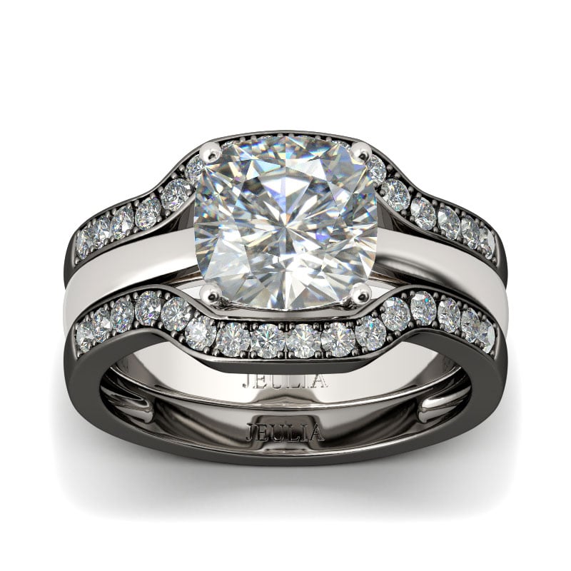 Cushion Cut Sterling Silver Bridal Ring Sets in Two Tone Black & Silver