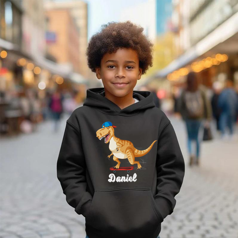 Sudadera con capucha personalizada para niños con nombre personalizado y patrón de dinosaurio, regalos para niños
