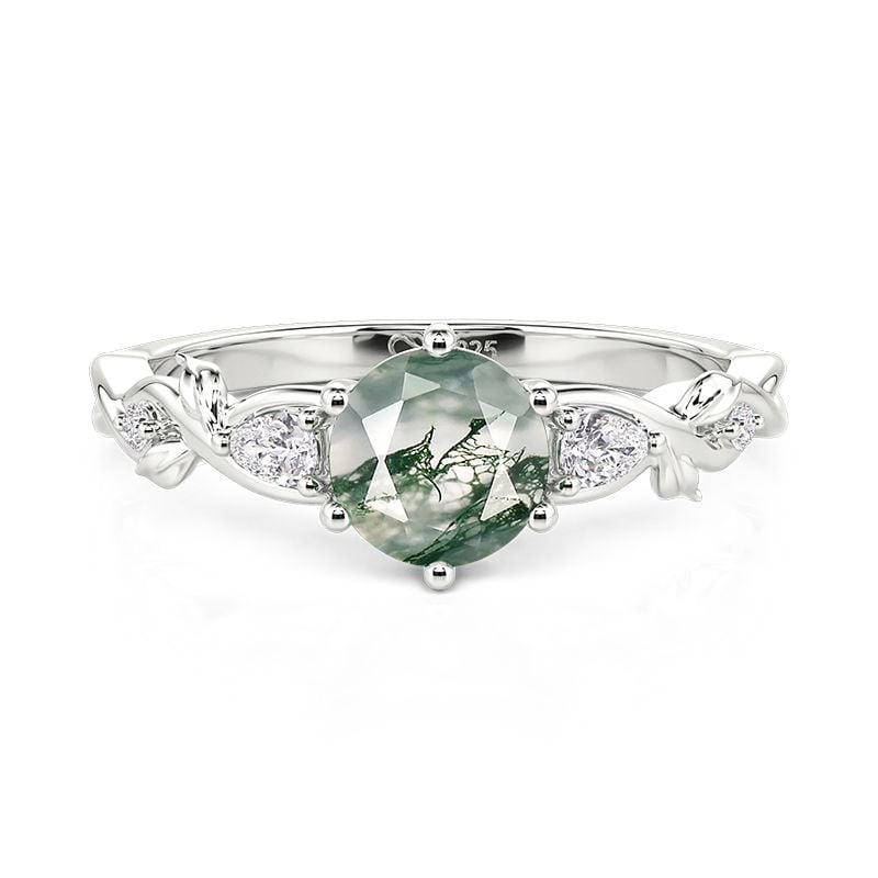 Jeulia Twisted Leaf Vine Round Cut Moss Agate Ring