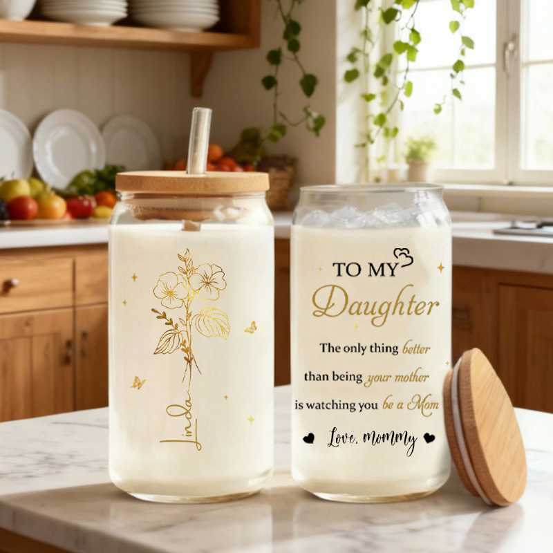 Personalized Name Glass Cup with Lid And Straw And Custom Birthflower Beautiful Present for Daughter