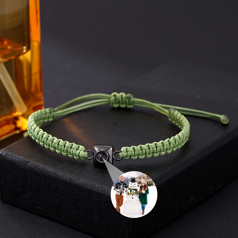 Personalized Projection Photo Bracelet Green Braided Cord Square Pendant Gift For Her