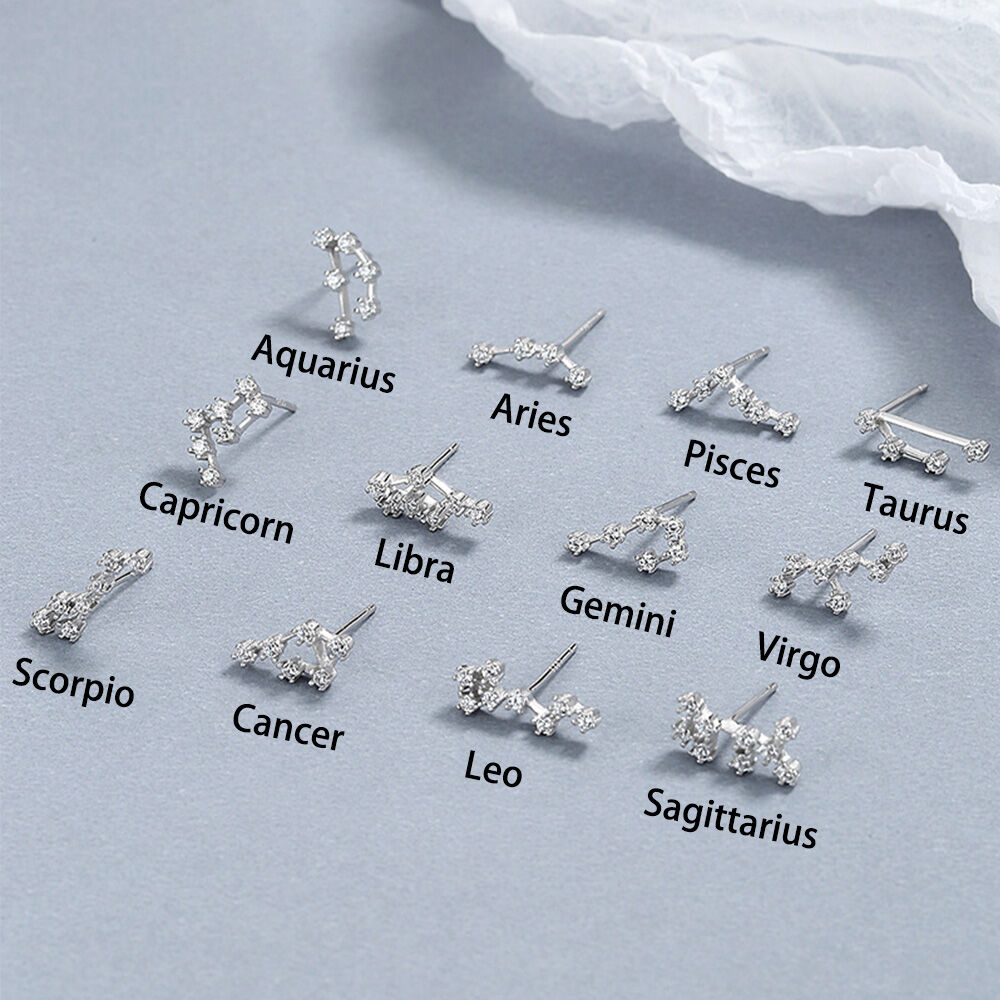 Sterling Silver S925 Celestial Twelve Constellation Earrings Zircon Inlay Birthday Gift for Her