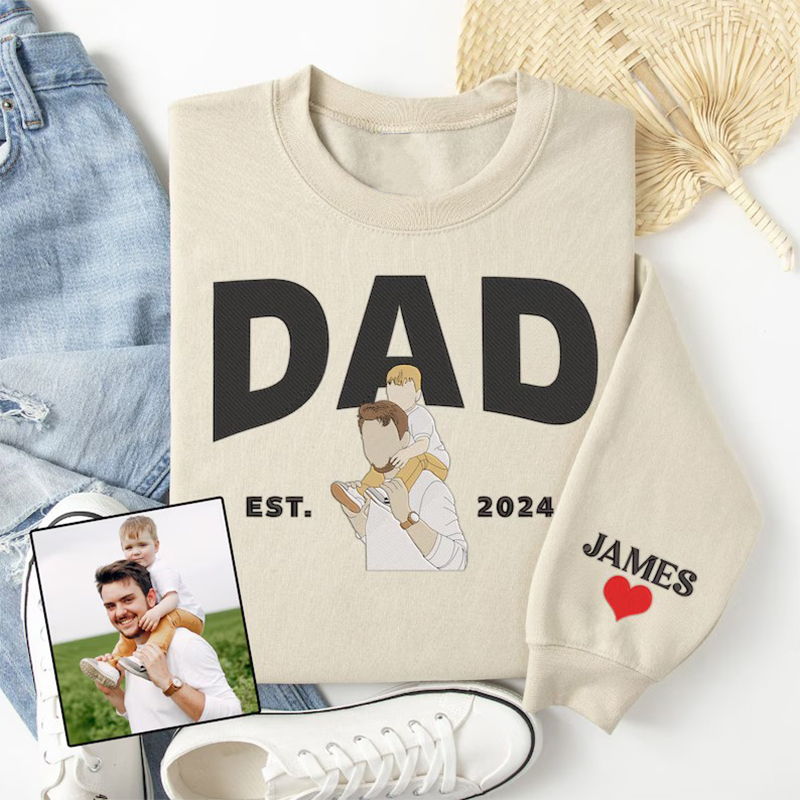Personalized Sweatshirt Embroidered Custom Photo Father and Kids Design Perfect Father's Day Gift