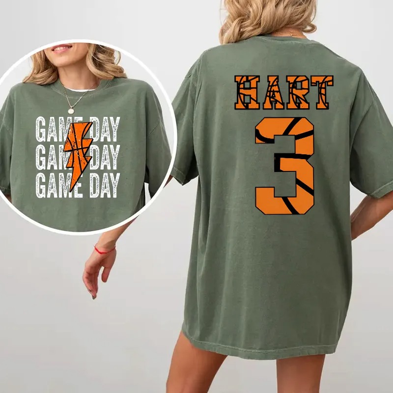 Personalized Washed T-shirt Game Day Custom Basketball Elements Font Design Gift for Sports Lovers