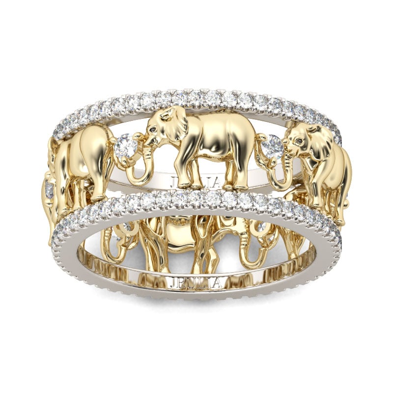 Two Tone Round Cut Elephant Rings in Yellow Gold & Silver