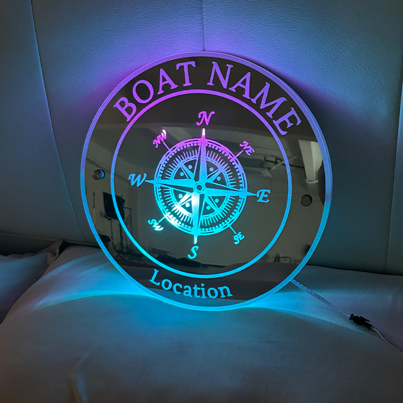 カスタムイズ コンパス 名入れ メッセージ入れ ミラー 発光 ライト 壁掛け 屋内装飾 リモコン付き 壁フック付き