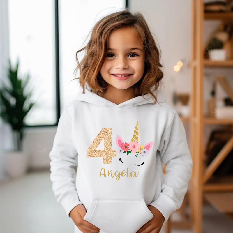 Sudadera con capucha personalizada para niños con nombre y edad personalizados y estampado de unicornio, bonito regalo para niñas