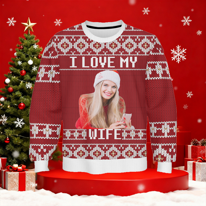 Personalized Ugly Sweater Unisex I Love My Wife Custom Photo Festive Design Christmas Gift for Loved One