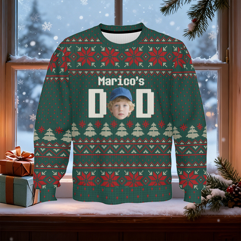 Personlig ful tröja unisex med anpassat huvudfoto och festivalmönster Design Julklapp till pappa Familj