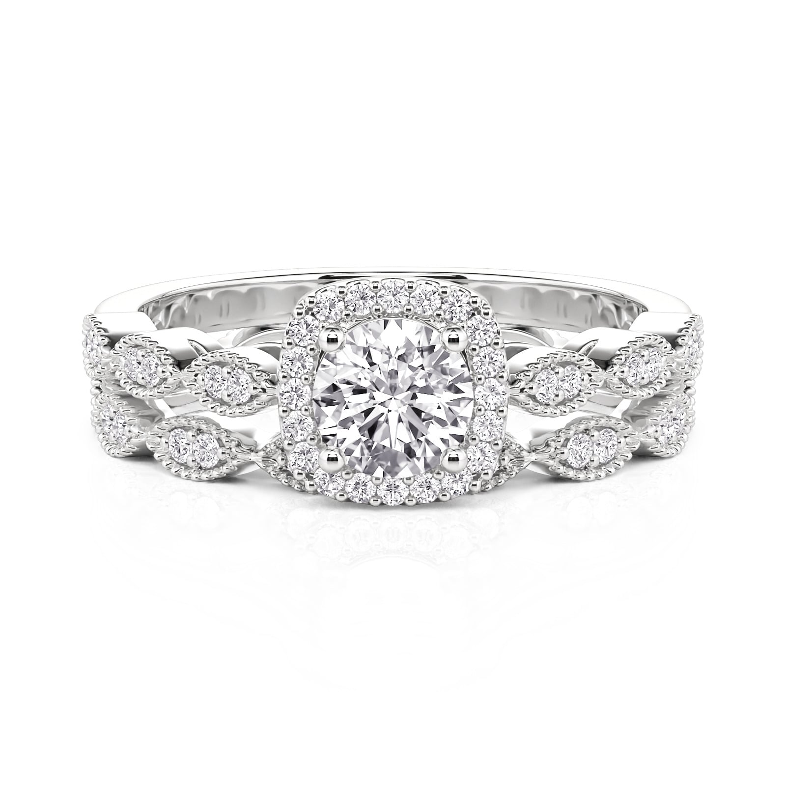 Jeulia Vintage Halo Round Engagement Ring Set Sterling Silver