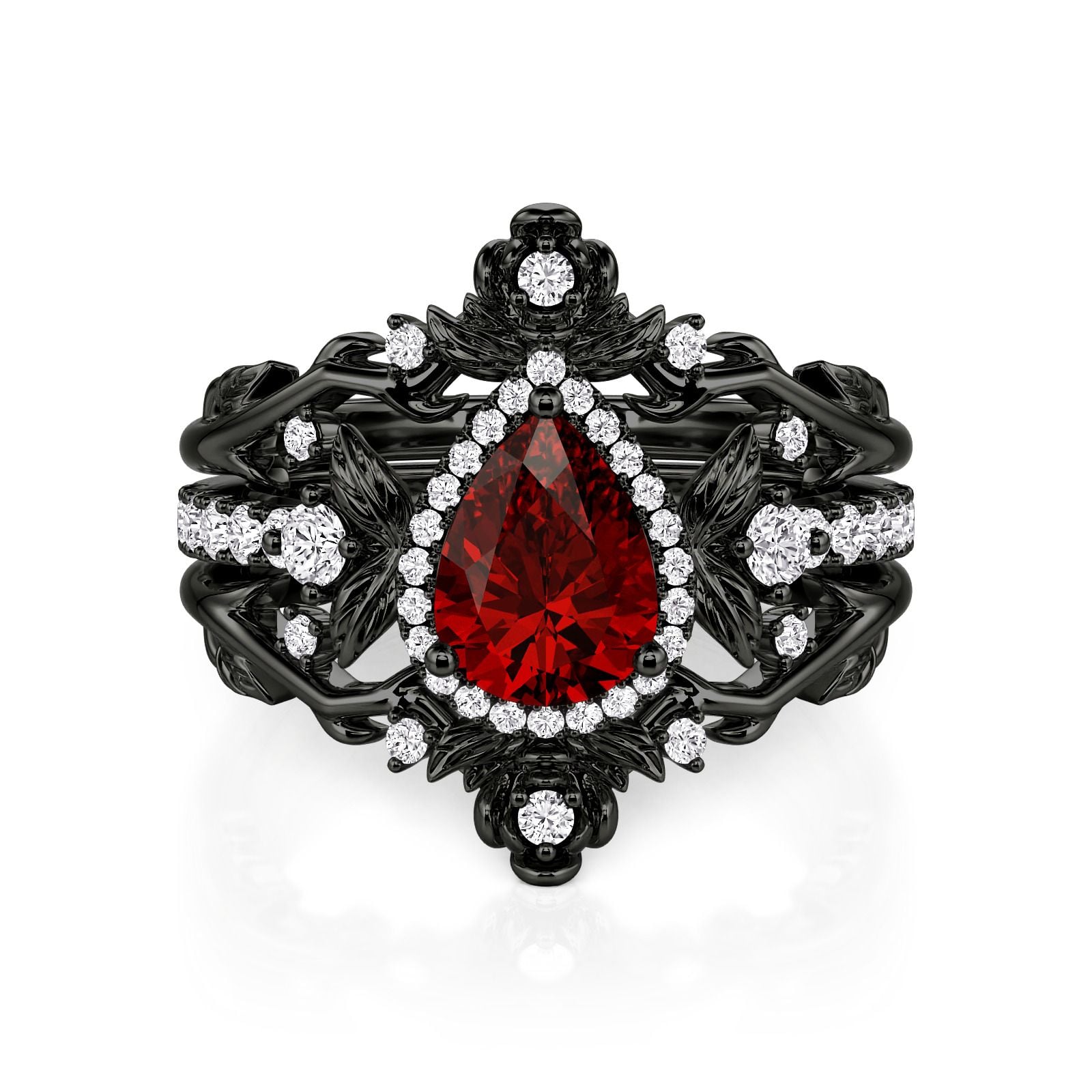 Jeulia Gothic Black Floral Pear Cut Engagement Ring Set