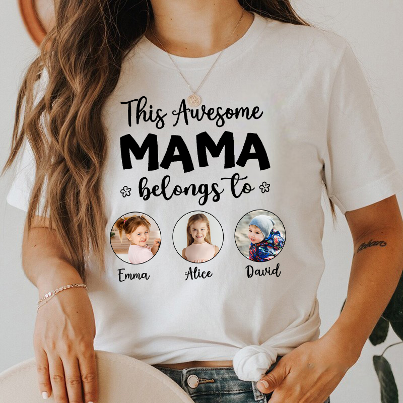 Gepersonaliseerd T-shirt This Awesome Mama Belongs To met persoonlijke foto's Perfect Moederdagcadeau