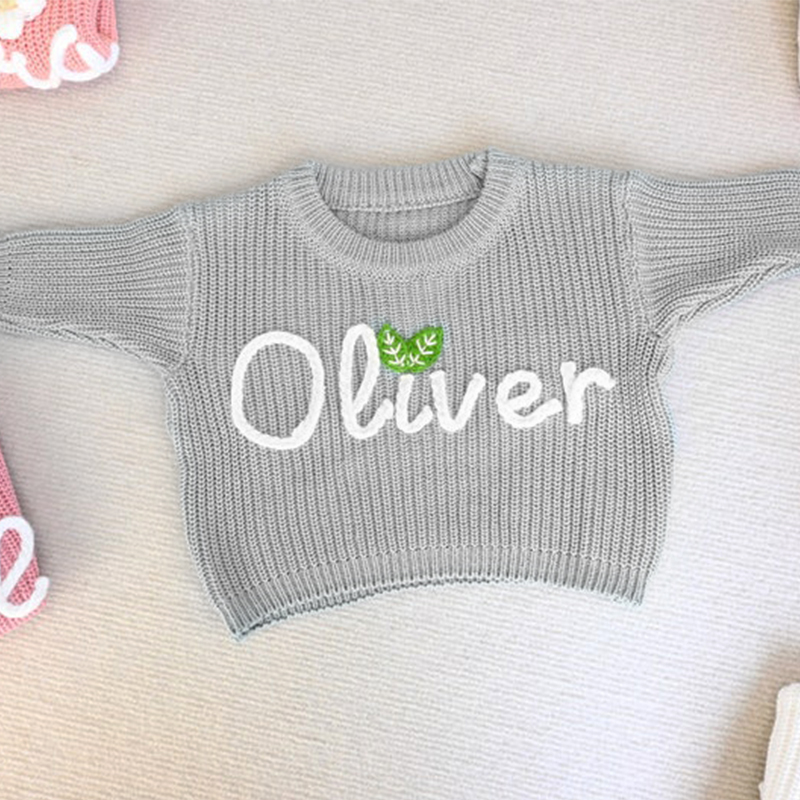 Personalized Handmade Name Sweater with Leaves Pattern Simple Present for Children