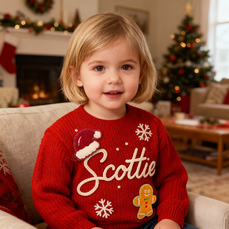 Personlig handgjord tröja med namn och snöflingemönster en värdefull present till barn