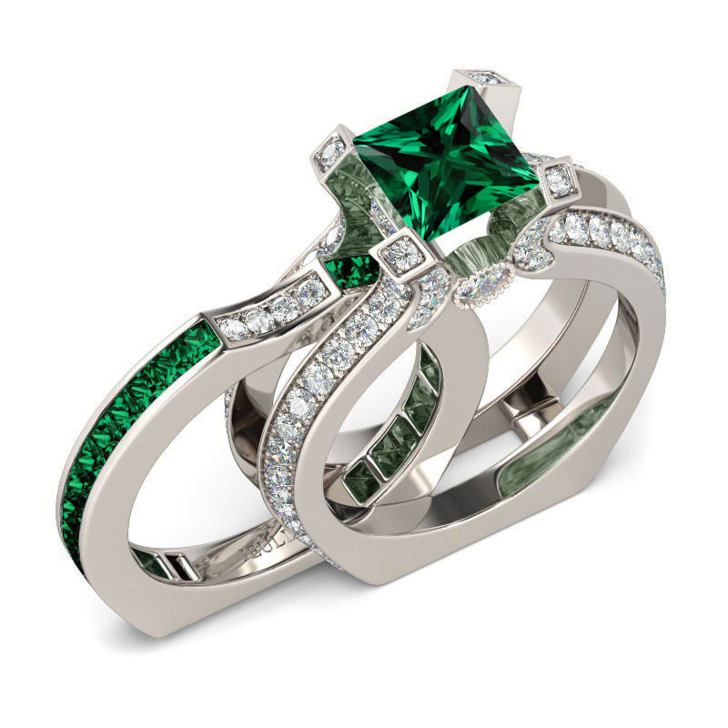 Emerald Princess Cut Interchangeable Wedding Rings, Sterling Silver